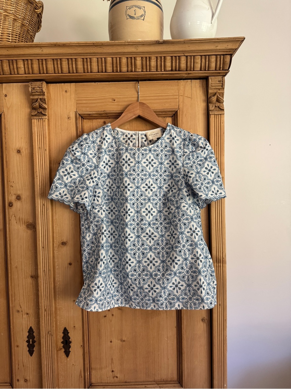 Sezane Blue and White Tile Print Short Sleeve Blouse